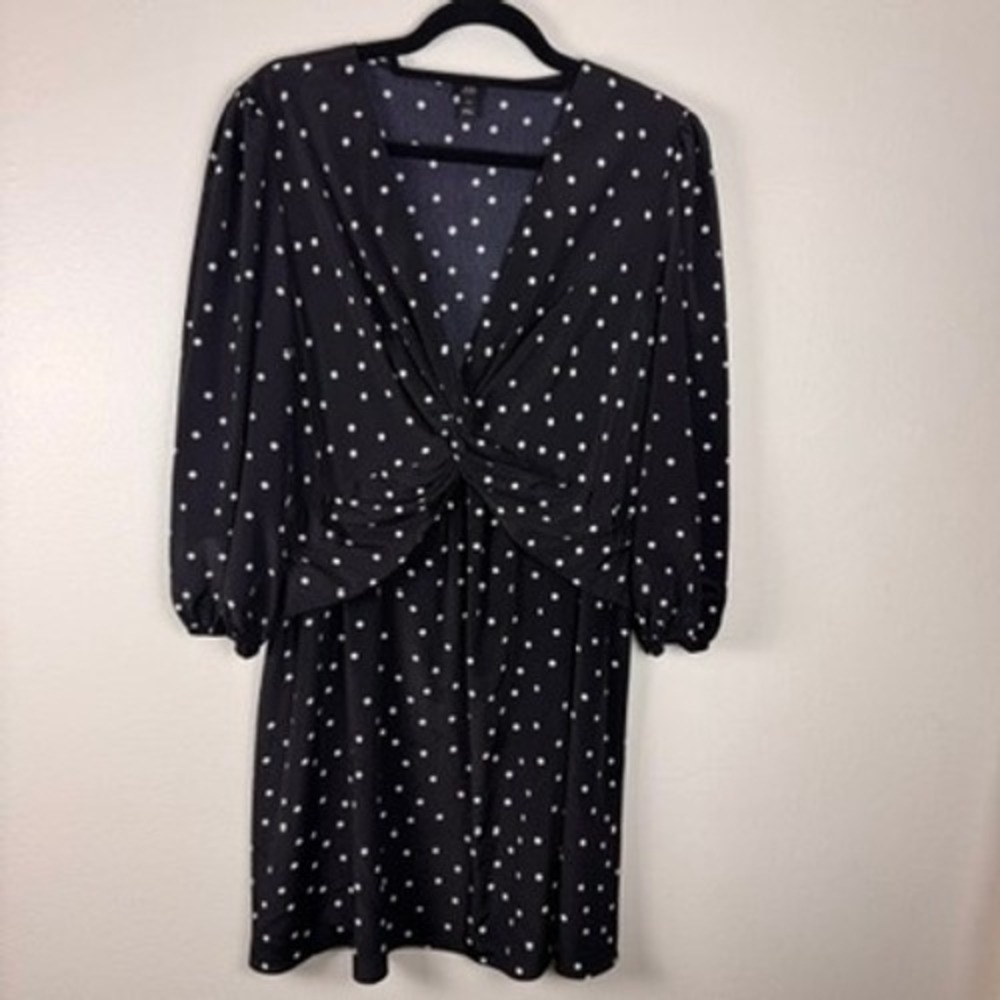 River‎ Island Black Spot Skater Mini Dress Polka Dot Twist Front V-Neck Size 12